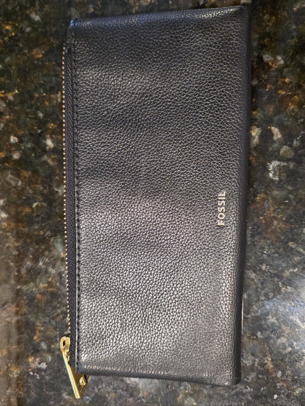 Fossil Women's Black Pebble Leather Zip Wallet with Gold Accent